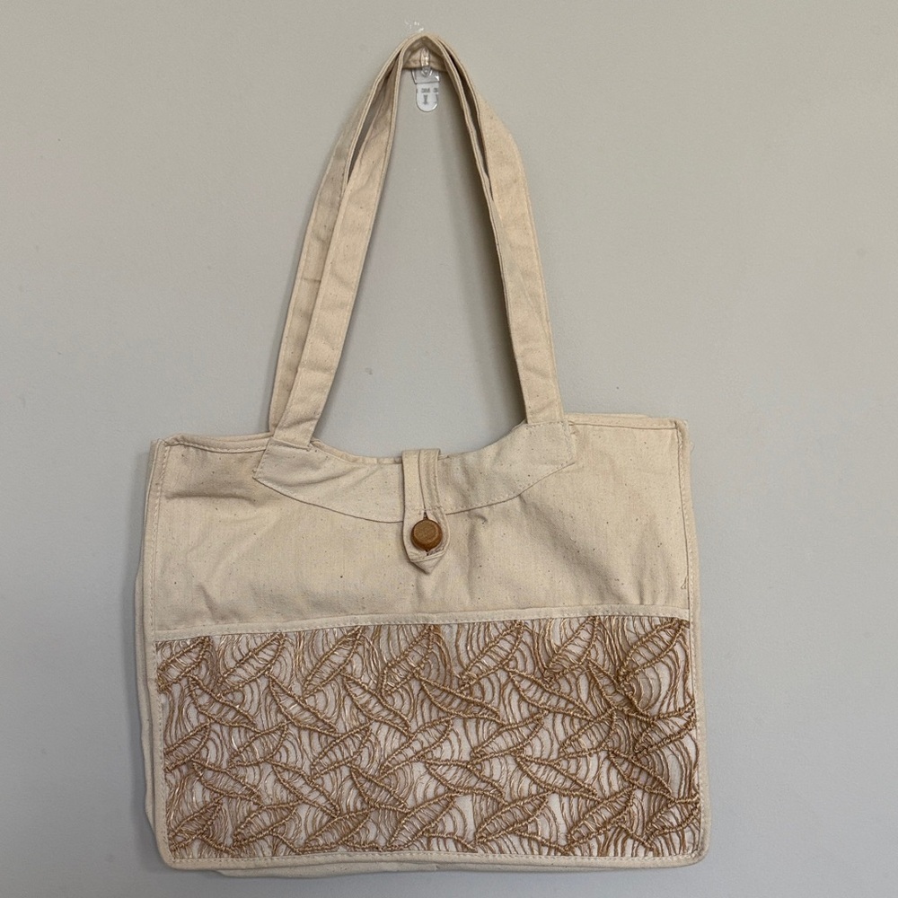 Elegant Cream Canvas Tan Tote Bag